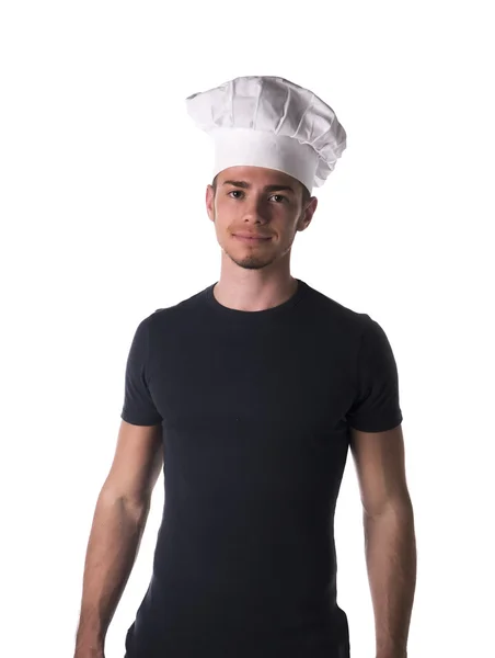 Retrato de medio cuerpo de joven hombre Chef con sombrero blanco — Foto de Stock