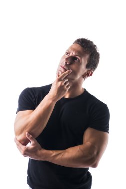 Emin değilseniz veya karışık, çenesini tutan kas genç adam