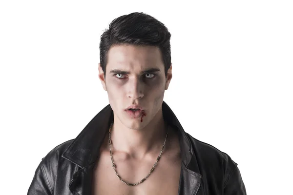 Portrait of a Young Vampire Man in an Open Black Leather Jacket, — Stock Photo, Image