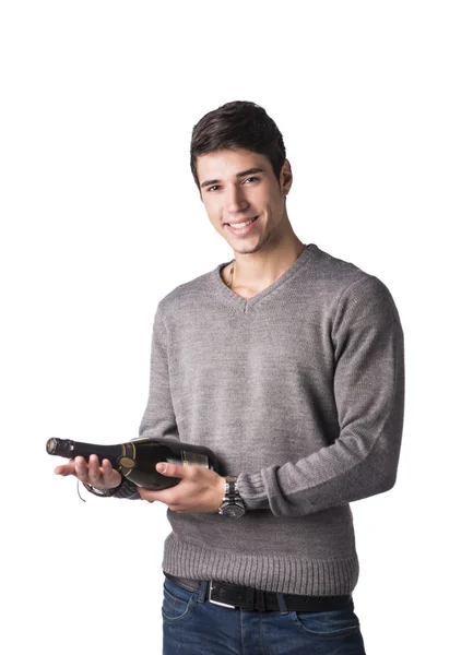 Man holding bottle of champagne or white wine — Stock Photo, Image