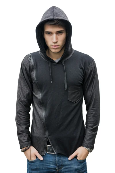 Siyah hoodie kazaklı yakışıklı genç