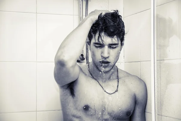 Attractive Young Bare Muscular Man Taking Shower — Stock Photo, Image