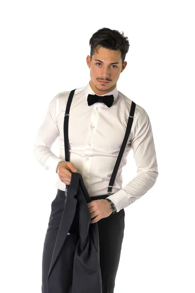 Elegant young man with business suit, suspenders — Stock Photo, Image
