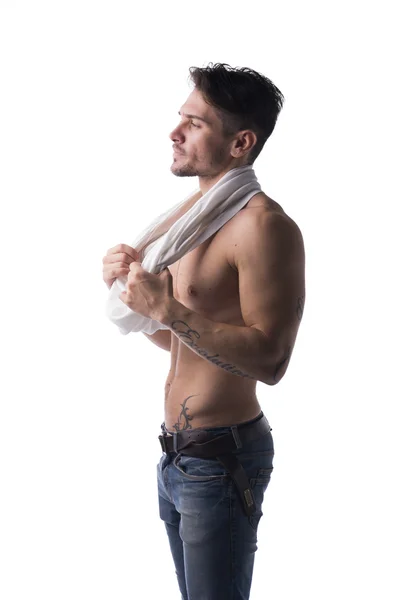 Handsome muscular, shirtless man looking to a side — Stock Photo, Image