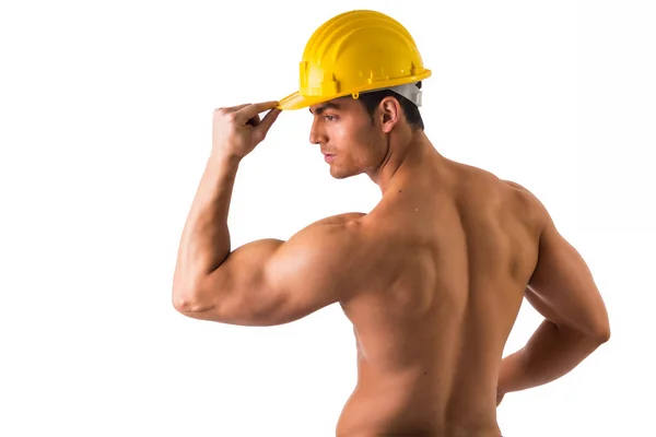 Muscular young construction worker shirtless – stockfoto