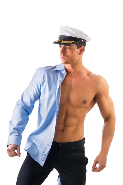 Muscular male sailor with marie hat and shirt covering half torso — Stock Photo, Image