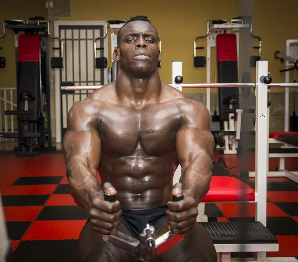 Hunky muscular black bodybuilder working out in gym — Stock Photo, Image