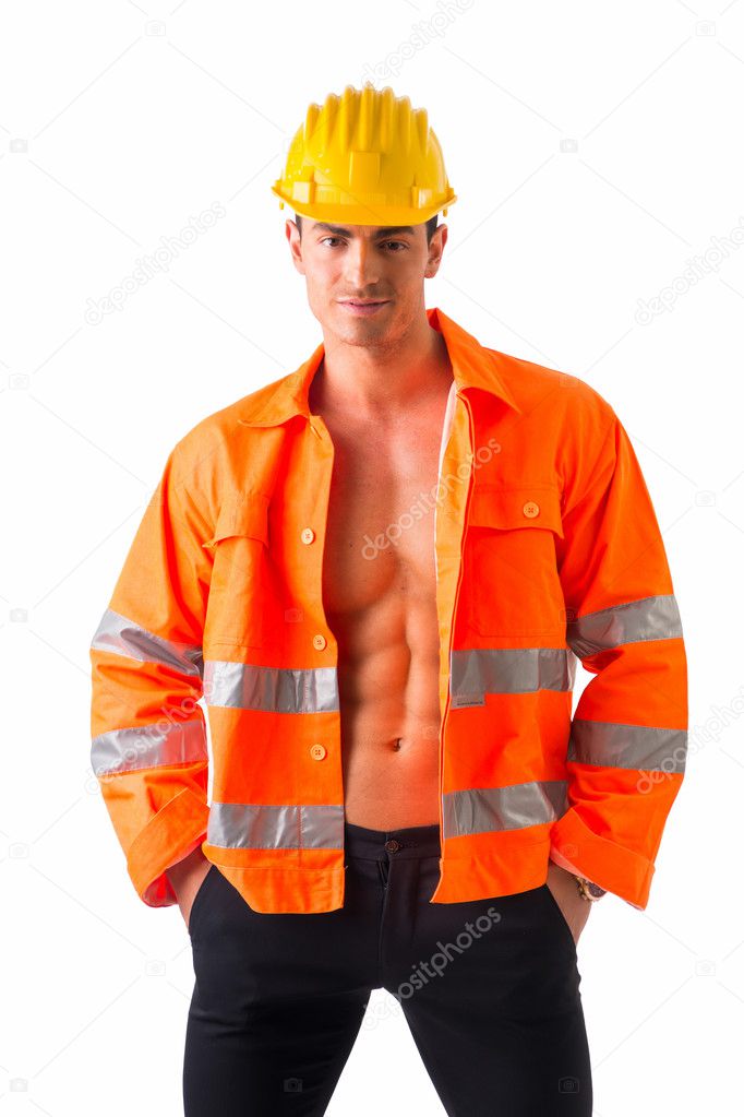Handsome young construction worker with orange suit open