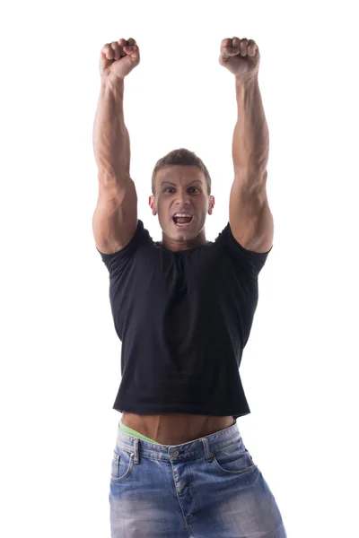 Successful man with fists raised, shouting for joy — Stock Photo, Image