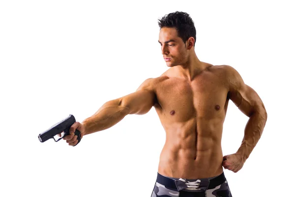 Atletische Topless Man bedrijf Handgun — Stockfoto