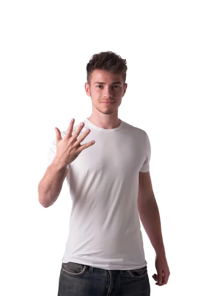 Handsome young man counting to five 5 with fingers and hands — Stock Photo, Image