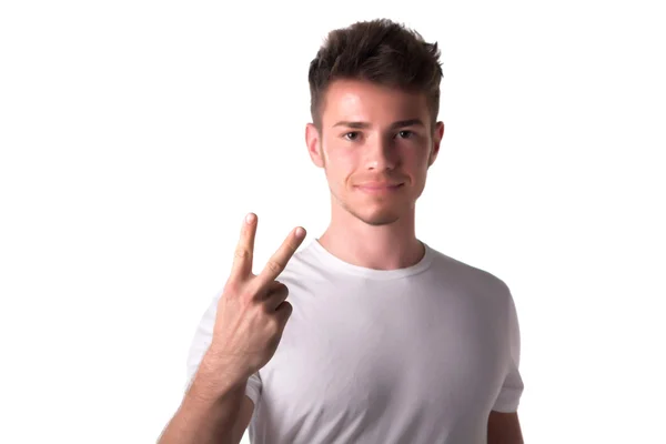 Handsome young man counting to two 2 with fingers and hands — Stock Photo, Image