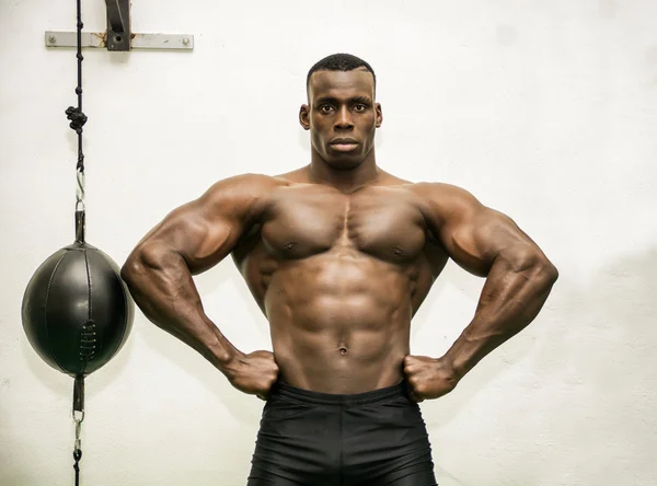 Attraktiva hunky svarta manliga kroppsbyggare i gym — Stockfoto