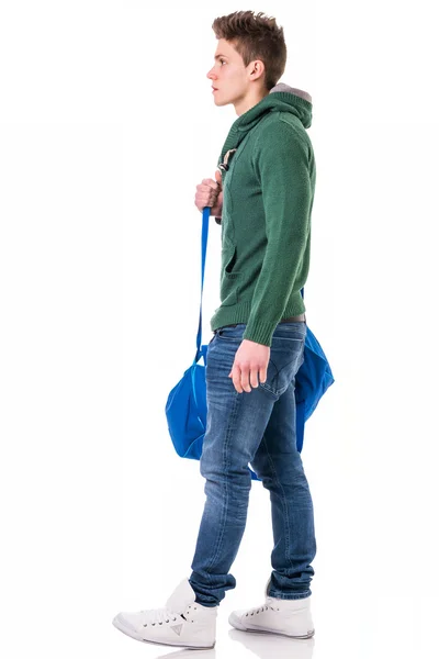 Man with bag on shoulder strap, isolated — Stock Photo, Image