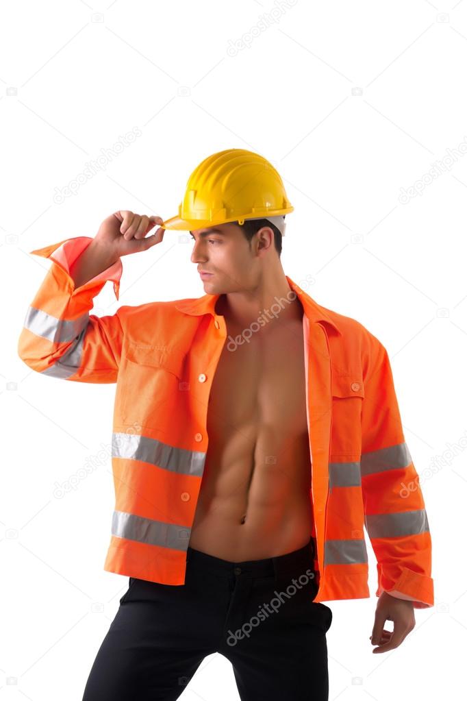 construction worker with orange suit open on naked torso