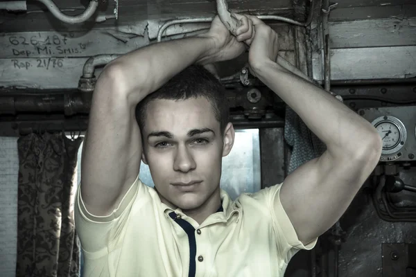 Young Man Standing in Old Vintage Train — 图库照片