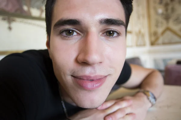 Close-up, headshot with fisheye of young man — Stock Photo, Image