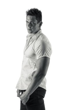 Handsome young man with elegant shirt, looking to a side