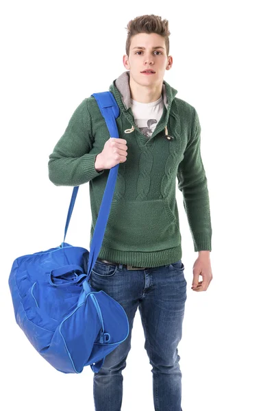 Aantrekkelijke jonge man met zak op schouderband — Stockfoto