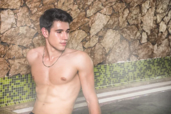 Young Man Relaxing in Steam Bath, Sweating — Stock Photo, Image