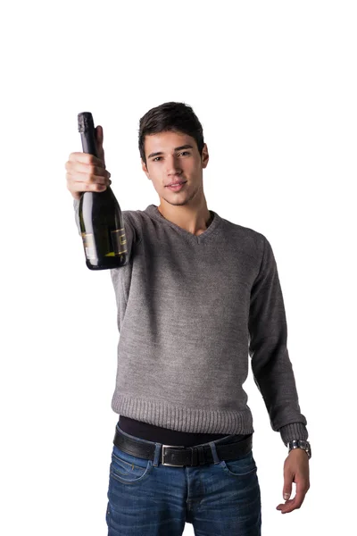 Young man holding bottle of champagne or white wine — Stock Photo, Image