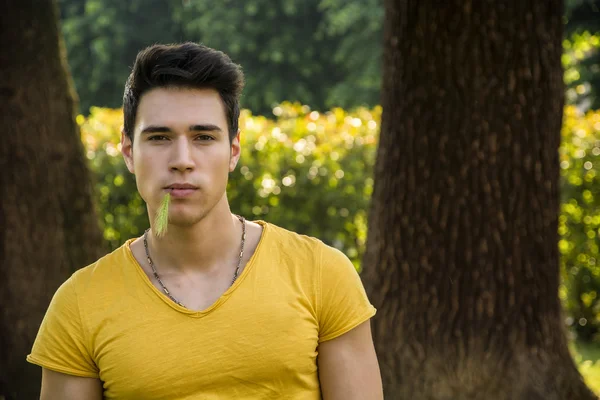 Atractivo joven en el parque al lado de árboles — Foto de Stock