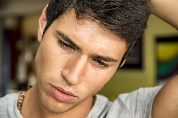 Close up Face of a Pensive Young Man Crying — Fotografia de Stock