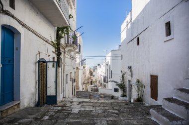 Arnavut kaldırımlı Lane beyaz evler, Ibiza, İspanya arasında