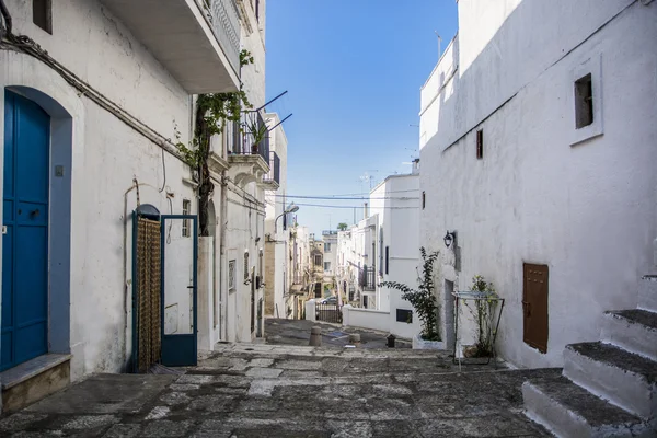 Arnavut kaldırımlı Lane beyaz evler, Ibiza, İspanya arasında