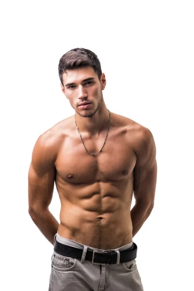 Handsome shirtless athletic young man on white — Stock Photo, Image