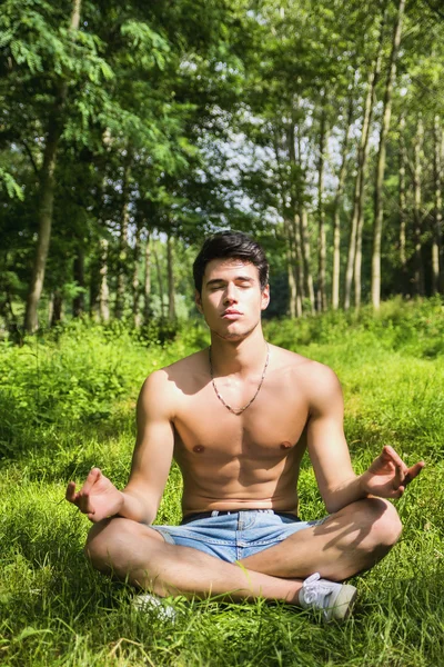 Junger Mann meditiert oder tun im freien Yoga-Übung — Stockfoto