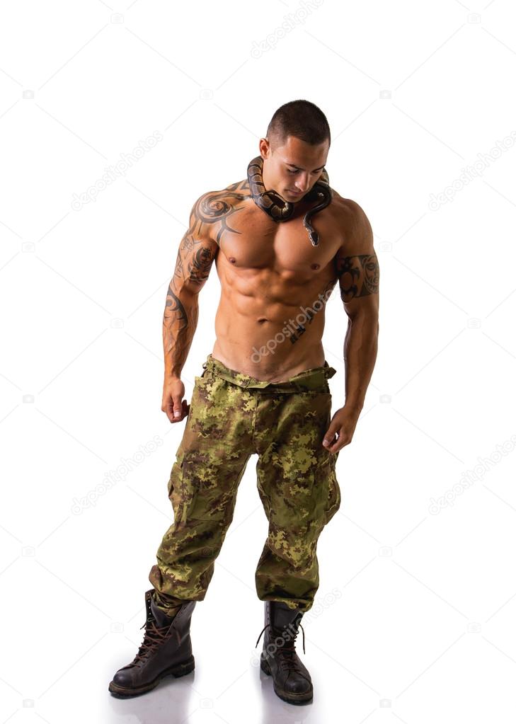Muscular Man in Camo Pants with Snake Around Neck