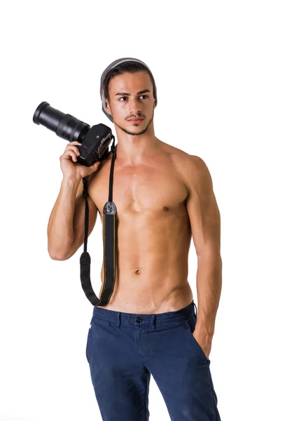 Shirtless young man with professional photo camera — Stock Photo, Image