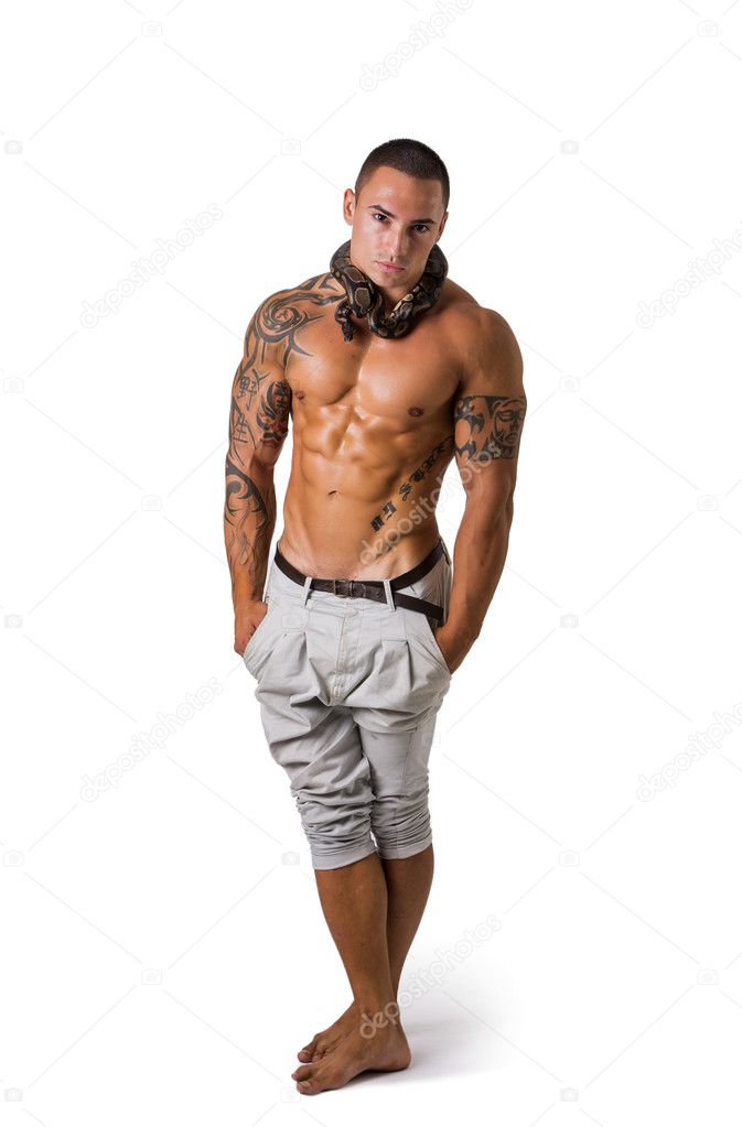 Muscular Man in Camo Pants with Snake Around Neck