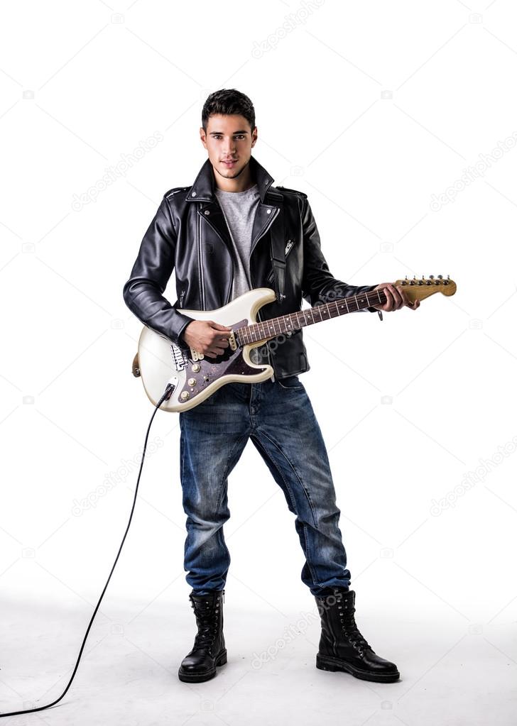 Man in Leather Jacket Playing Electric Guitar