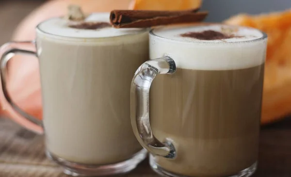 Calabaza Con Leche Con Canela Jengibre Macro — Foto de Stock