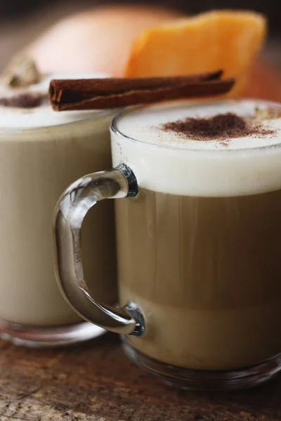 Pompoen Latte Met Kaneel Gember Macro — Stockfoto