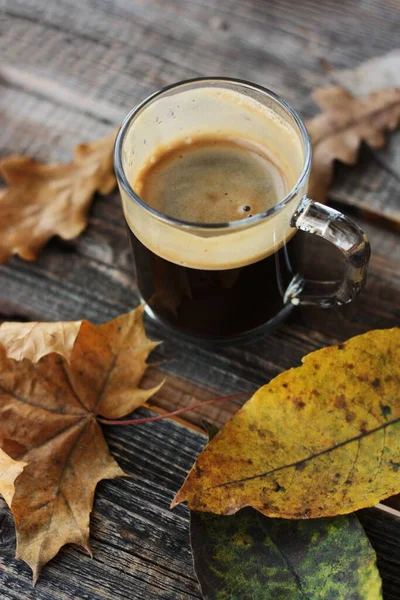 Espresso Coffee Autumn Leaves Table — Stock Photo, Image
