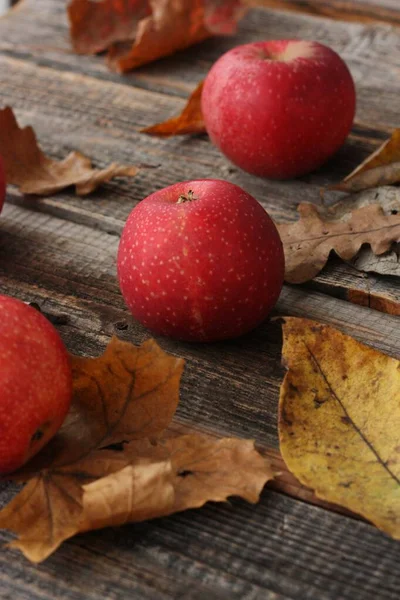 Pommes Rouges Juteuses Feuilles Automne Sur Table — Photo