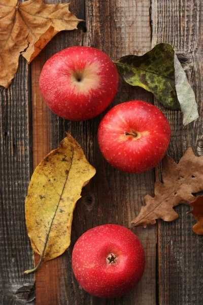 Pommes Rouges Juteuses Feuilles Automne Sur Table — Photo