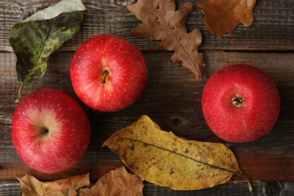 Juicy Red Apples Autumn Leaves Table — Stock Photo, Image