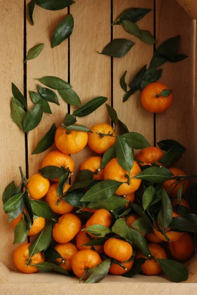 Saftige Mandarinen Mit Grünen Blättern Einer Holzkiste — Stockfoto