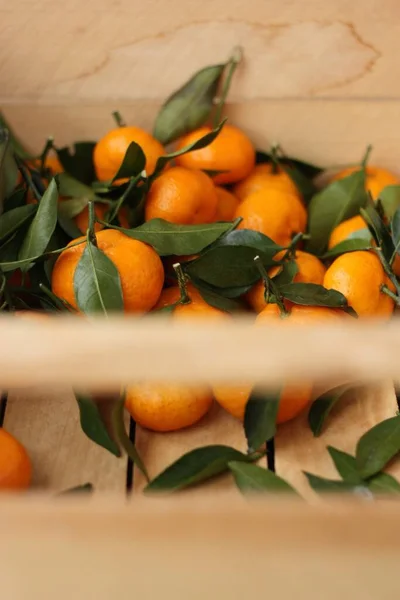 Saftige Mandarinen Mit Grünen Blättern Einer Holzkiste — Stockfoto