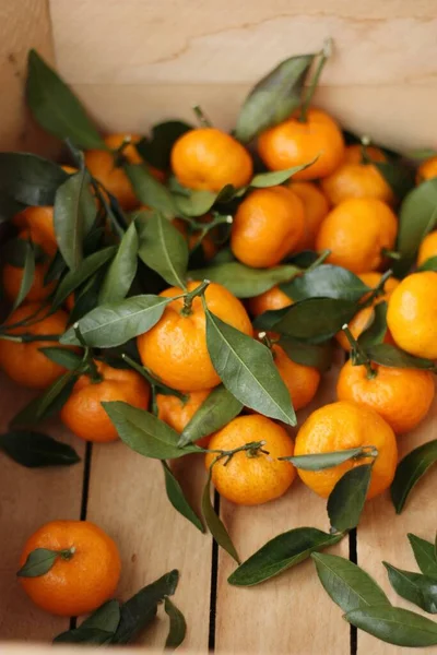 Juicy Tangerines Green Leaves Wooden Box — Stock Photo, Image