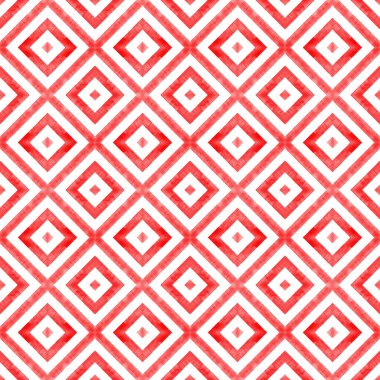 Suluboya geometrik eşkenar dörtgen düzgün desenler çizer. Beyaz arka planda kırmızı çizgiler. Suluboya el çizgili doku. Kumaş tasarımı, tekstil, kumaş, duvar kağıdı, ambalaj, fayans baskısı.