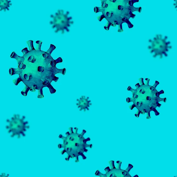 Corona virus 2019-nCoV cells seamless pattern. Watercolor hand painted novel coronavirus texture on teal turquoise background. Covid-19, quarantine, stopping pandemic, lockdown concept.