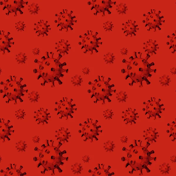 コロナウイルス2019 Ncov細胞シームレスパターン 水彩手は血のような赤い背景に新たなコロナウイルスの質感を描きました Covid パンデミックの阻止 ロックダウンの概念 — ストック写真