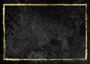 Altın grunge çizgileri çerçeve arka planı. Siyah suluboya dokusuna altın rengi parlak el çizgileri çizilmiş. Suluboya ve akrilik çizim. Metin için boşluk