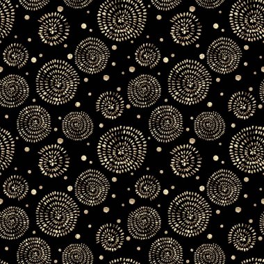 3D altın parıltılı akrilik yuvarlak spiral daireler ve siyah arkaplanda benekli polka desenli soyut, pürüzsüz desenler. El çizimi sim dokusu. Tekstil, duvar kağıdı, ambalaj kağıdı için yazdır.