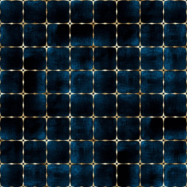 Watercolor Abstract Geometric Dark Blue Stripe Plaid Seamless Pattern Golden — Stockfoto